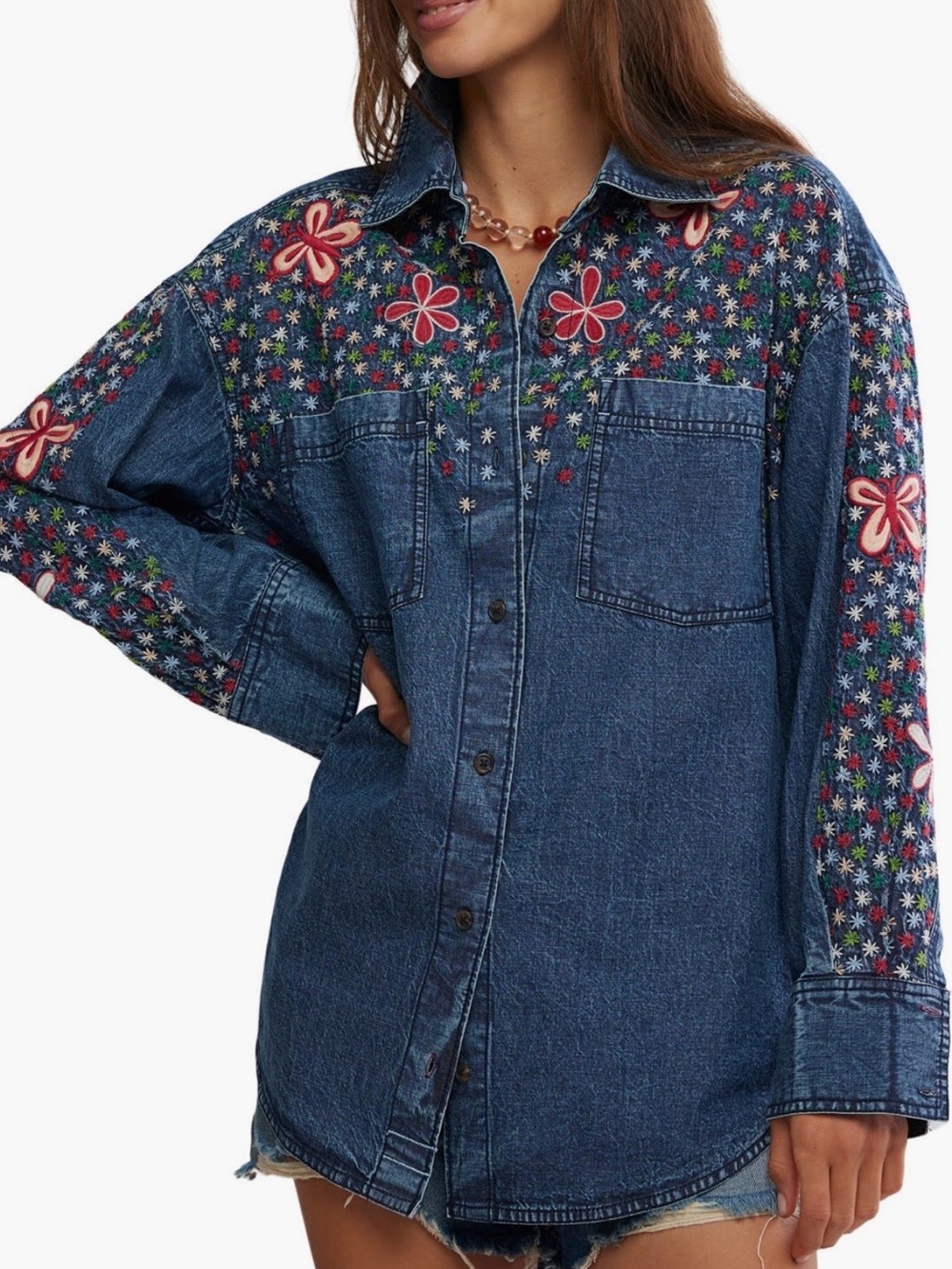 NWT Free People Rainbow Embroidered Denim Shirt